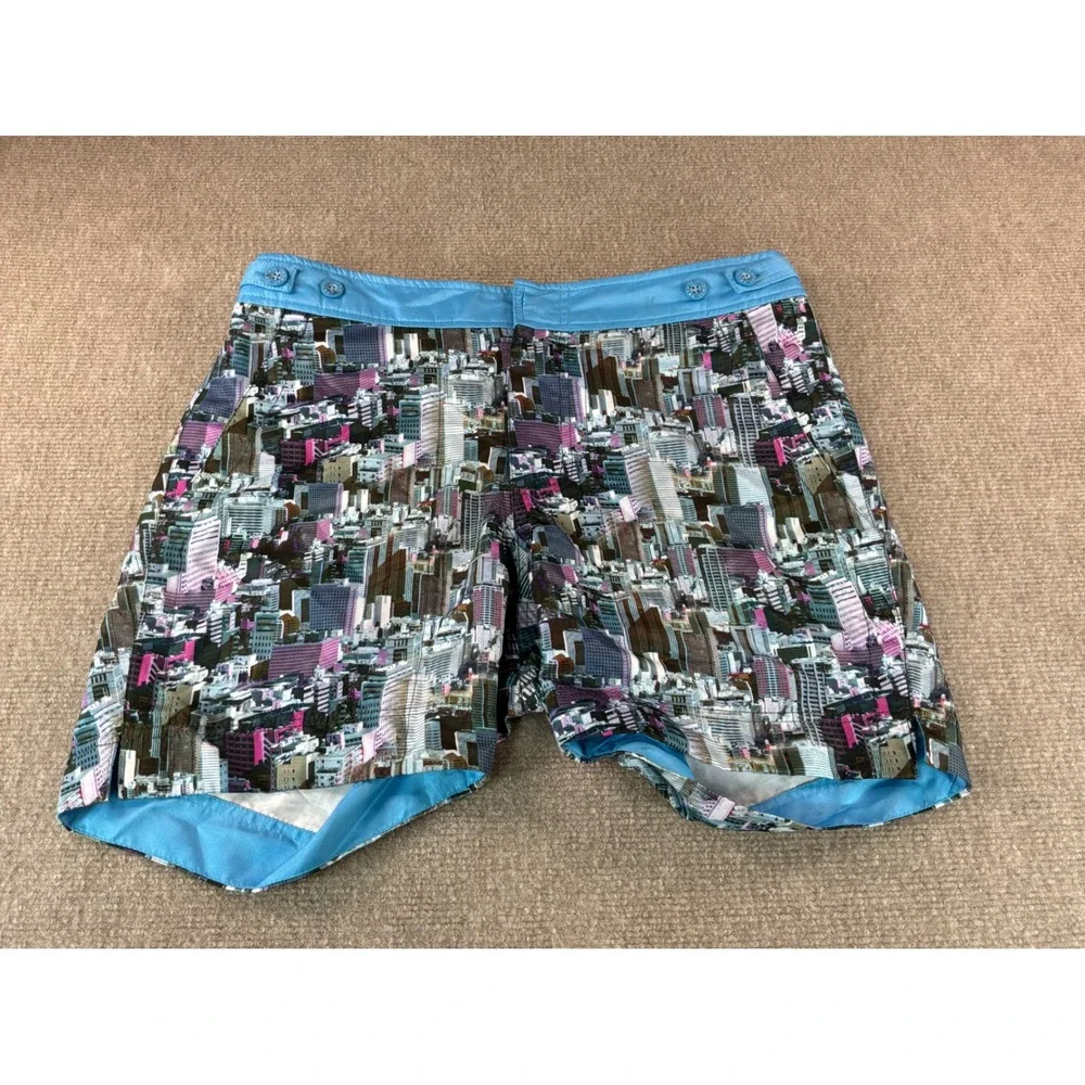 Thomas Royall Mens Cityscape Print Swim Shorts Blue Pink Small City Graphic